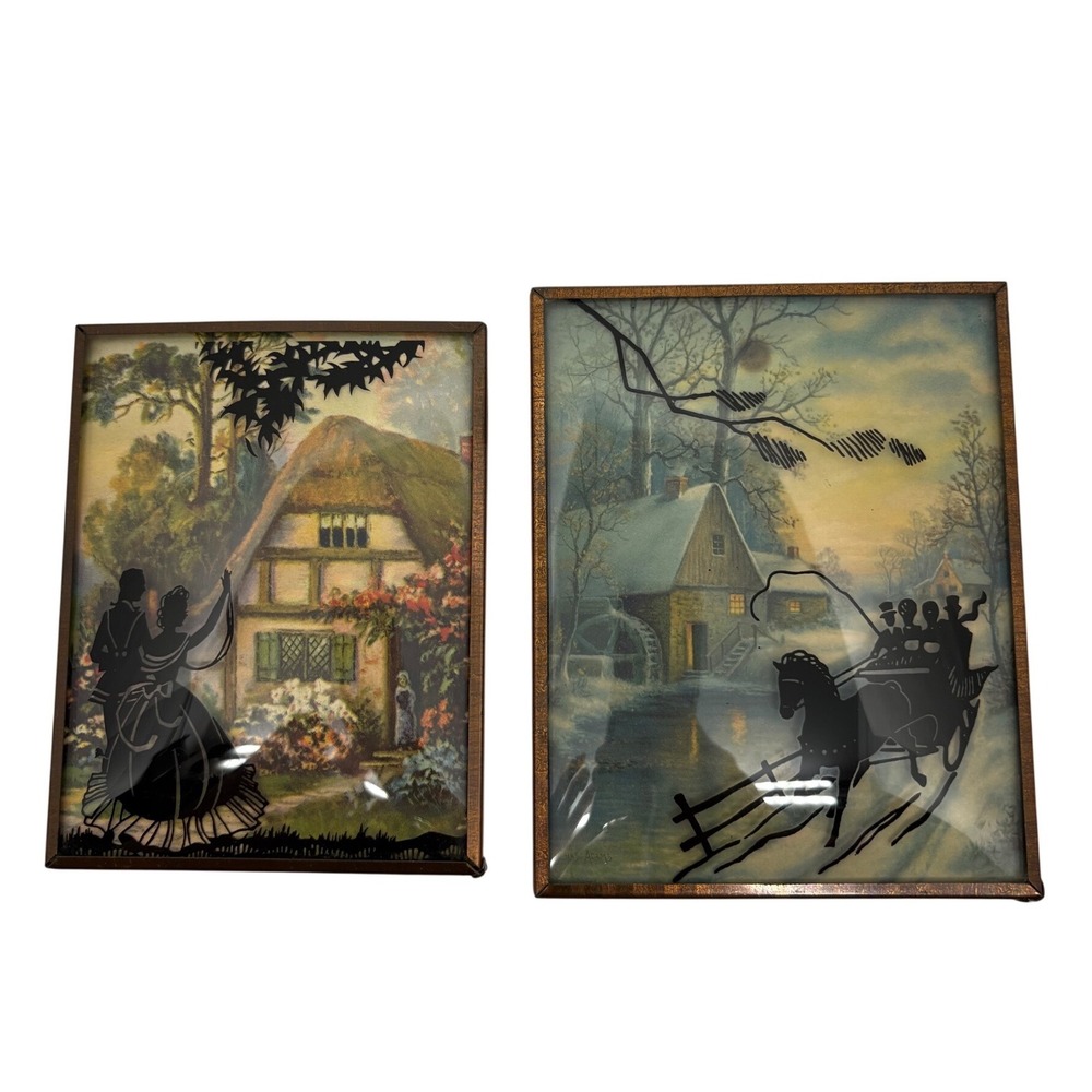 2 Reverse‎ Painted Bubble Glass Silhouette Art Victorian Cottage Sleigh Vintage